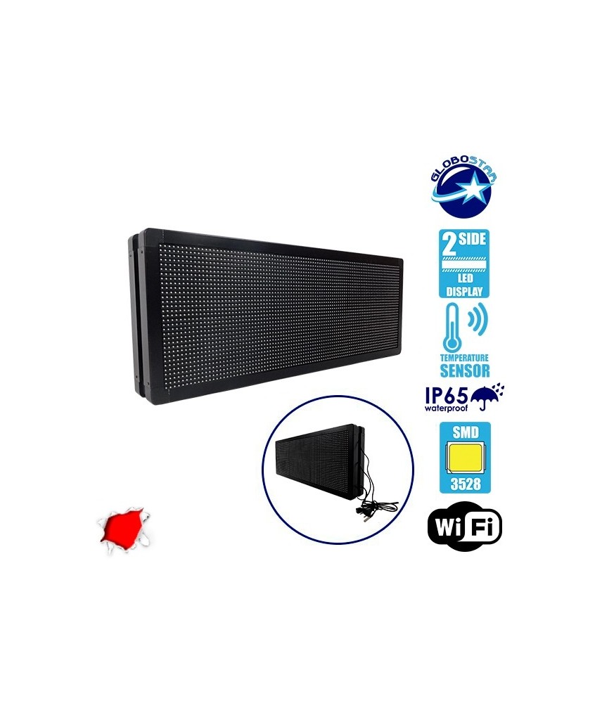 GLOBOSTAR® DISPLAY 90321 Κυλιόμενη Ψηφιακή Επιγραφή P10 Διπλής Όψης LED AC 220-240V Αδιάβροχο IP65 Κόκκινο - WiFi Control μέσω FK APP - Αισθητήρας Θερμοκρασίας & Υγρασίας - Μ104 x Π12 x Υ40cm - 2 Χρόνια Εγγύηση